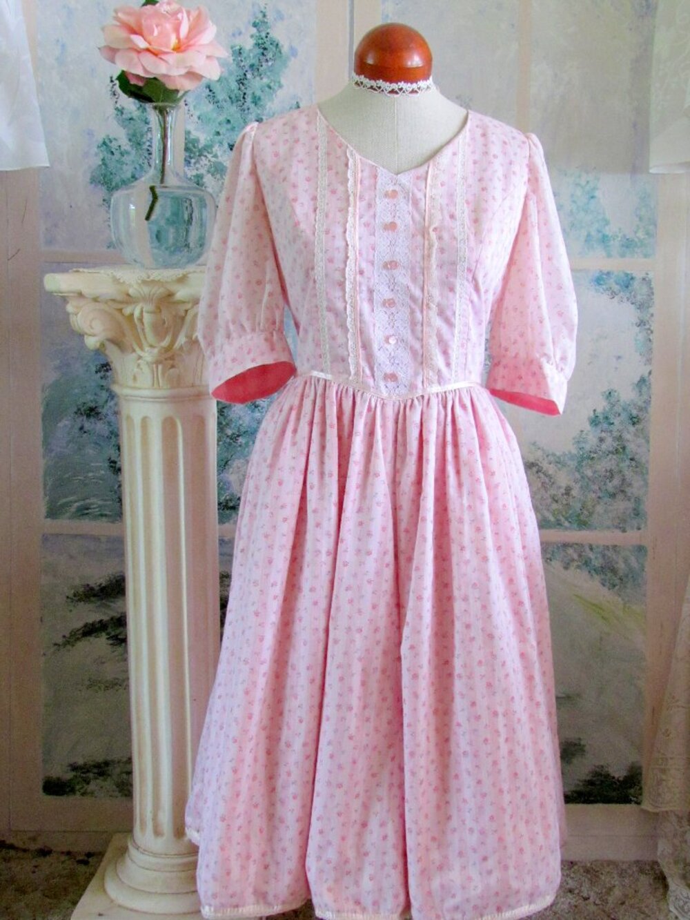 PINK DRESS, L, VINTAGE GUNNE SAX STYLE, TEA PARTY, CHURCH, SWEET COTTAGECORE